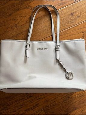 Michael Kors Light Cream Saffiano Leather Tote with Logo Charm